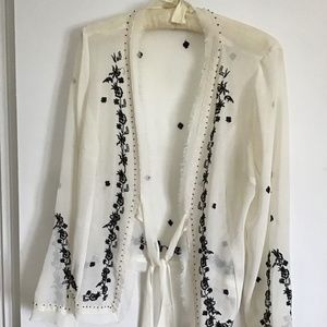 Emma James Sheer Light Cream Black Embroidery Floral Wrap Sweater Top